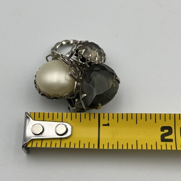 Vintage Schreiner Smoky Rhinestone Faux Pearl Silver Tone Rope Clip Earrings - Picture 5 of 5